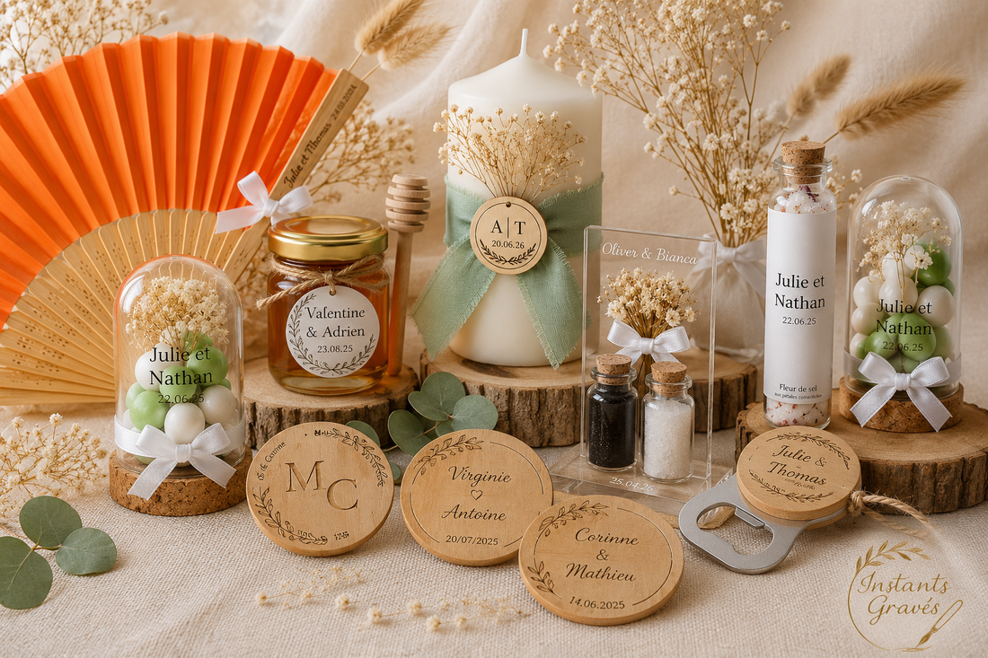 Cadeaux invités personnalisés pour mariage réalisés artisanalement