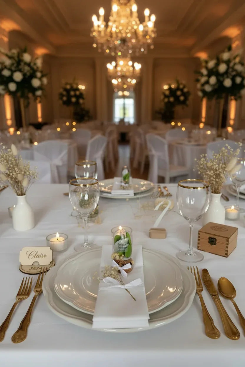 Détail cloche dragées mariage avec ruban et personnalisation prénoms
