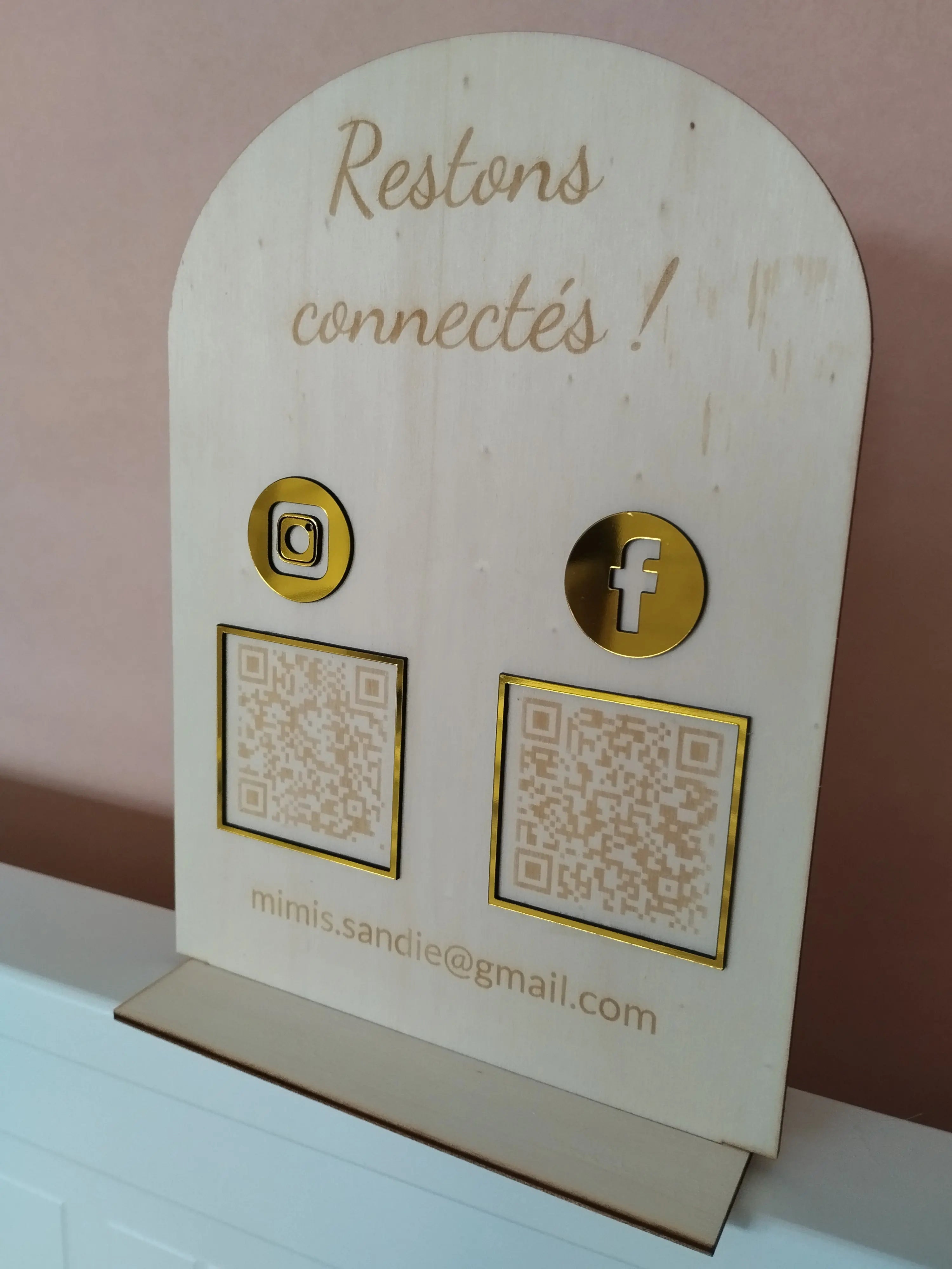 Stand QR Code 2 Réseaux Sociaux - Plexiglass Doré