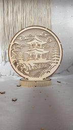 Veilleuse LED en bois gravé avec temple japonais lumineux