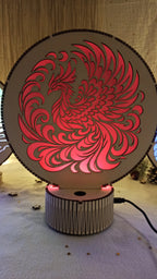 Veilleuse artisanale phénix sur socle LED multicolore