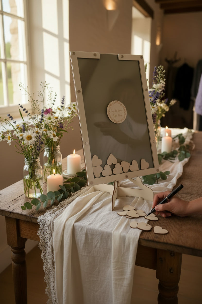 Livre d'or mariage en bois et plexiglas transparent avec cœurs personnalisés – Instants Gravés