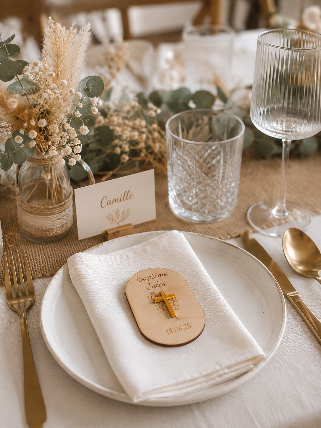 Décoration de table de baptême avec magnet en bois personnalisé comme cadeau invité