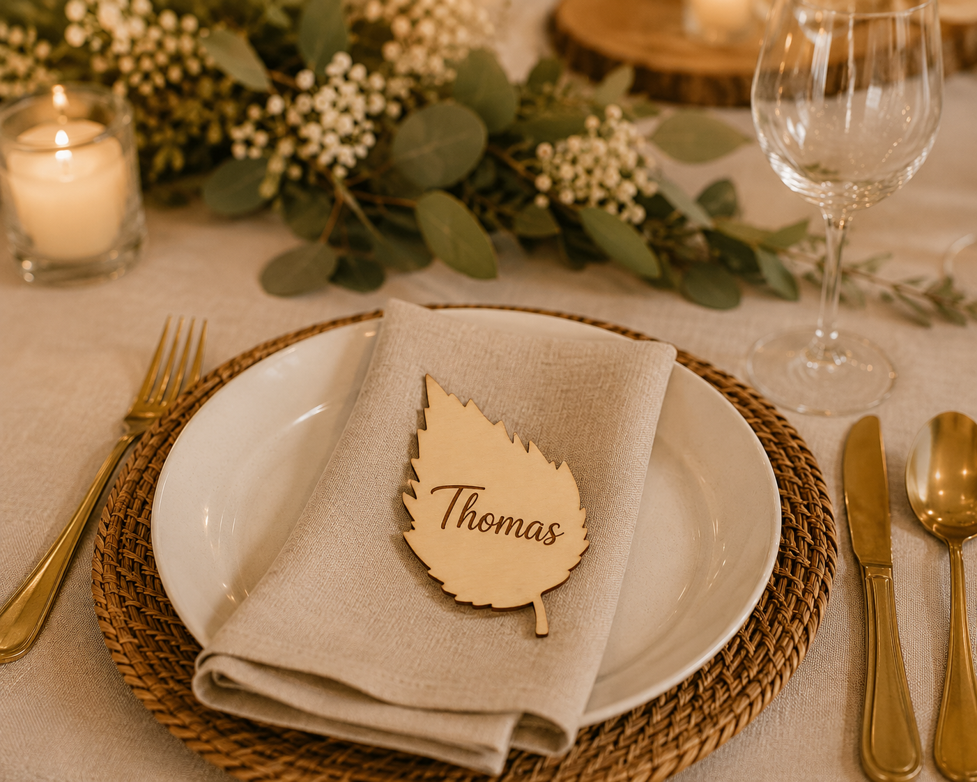 Marque-place mariage en bois personnalisé feuille de bouleau gravée avec prénom