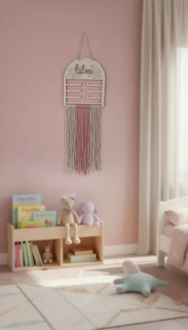 Porte-barrettes en bois et macramé dans une chambre enfant, objet déco bohème