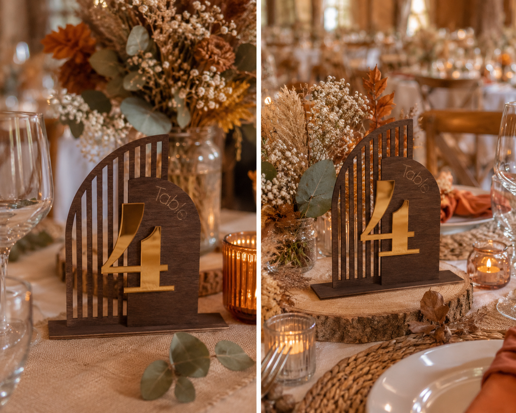 Signalétique de table mariage personnalisée en bois et plexiglas doré
