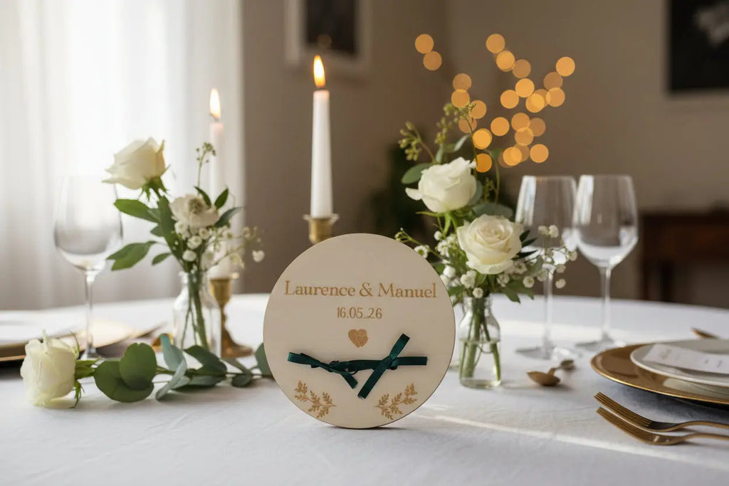 Support à alliances en bois personnalisé avec gravure prénoms et date – mariage champêtre