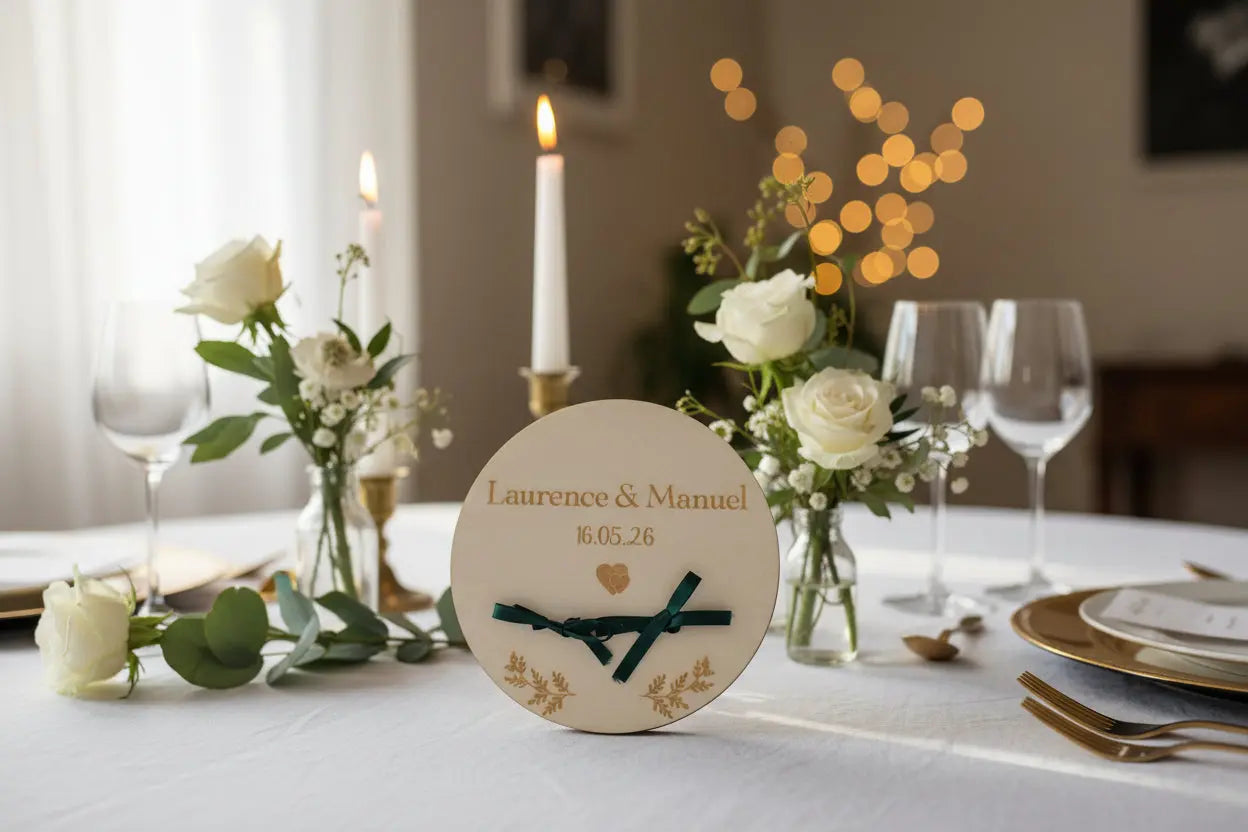 Support à alliances en bois personnalisé avec gravure prénoms et date – mariage champêtre