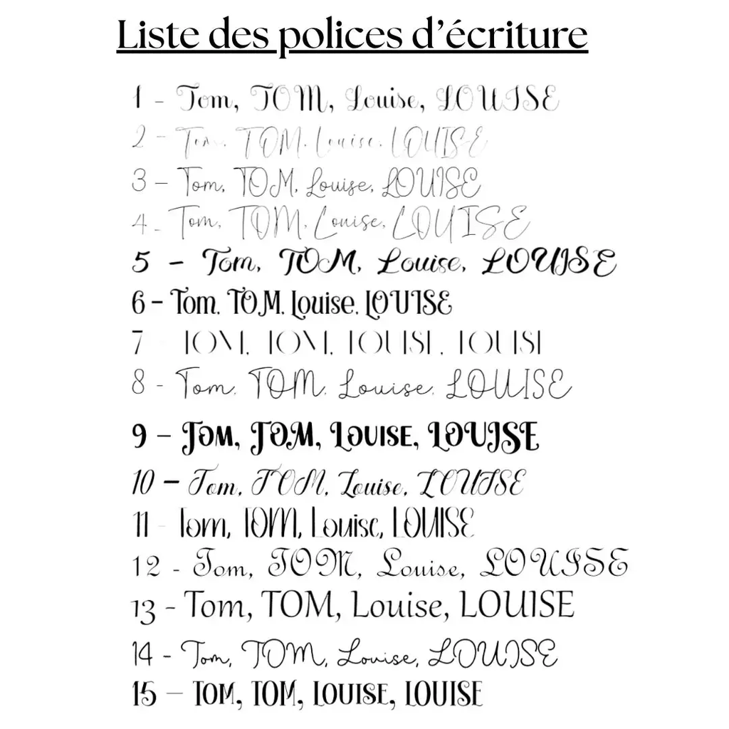 Variations de personnalisation pour chaussettes de Noël : prénoms, polices d’écriture et couleurs pailletées or, argent, blanc.