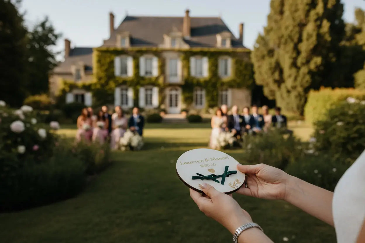 Détail gravure personnalisée sur support alliances bois – artisanat français mariage bohème