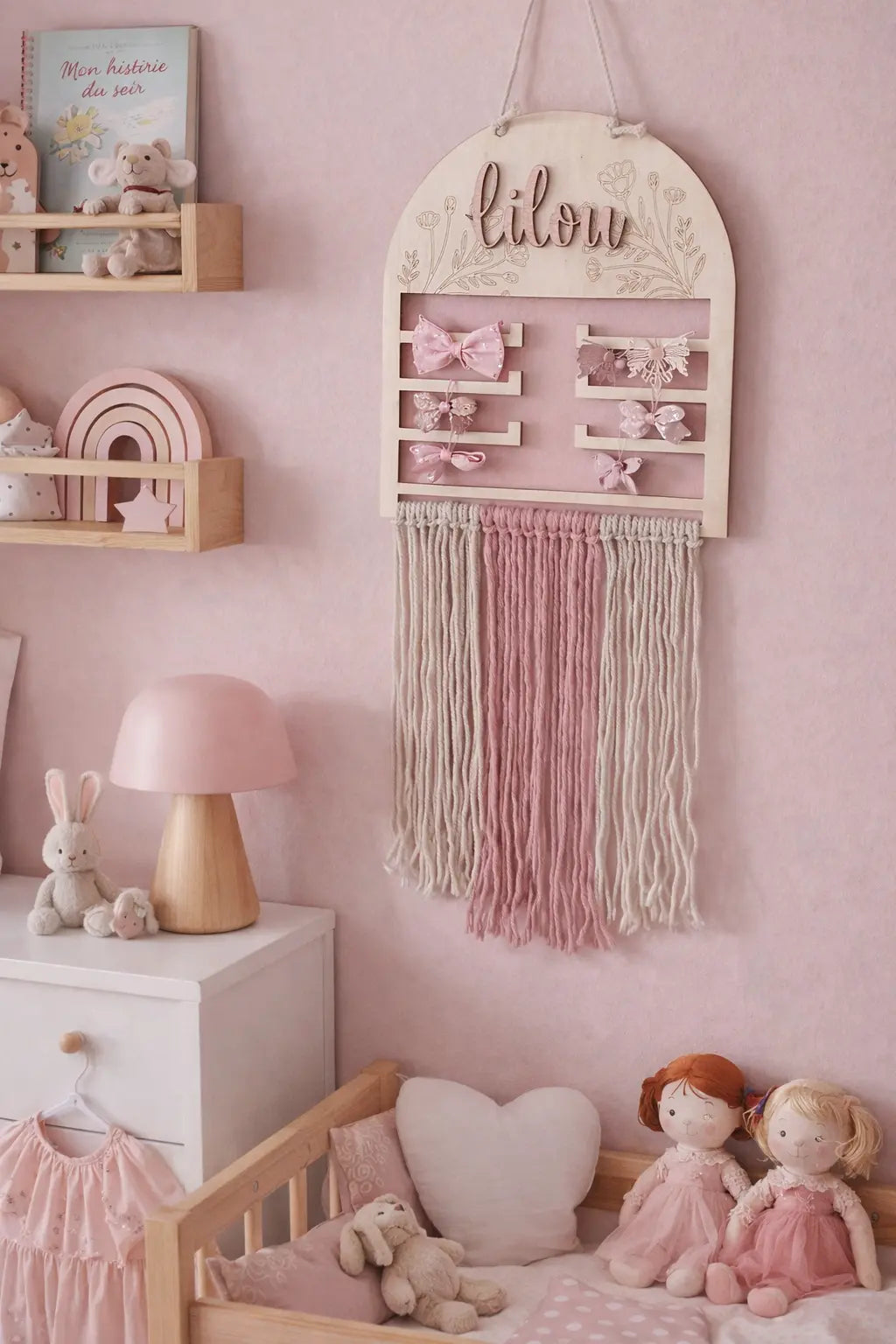 support barrettes bois et macramé personnalisé prénom